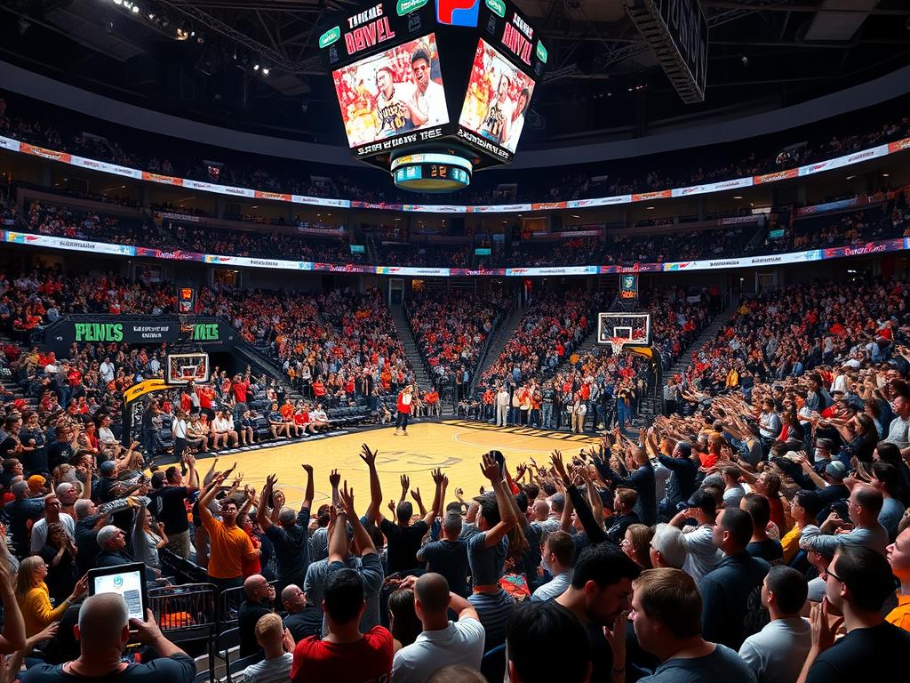 Arena de basquete lotada com torcedores apoiando o time da casa