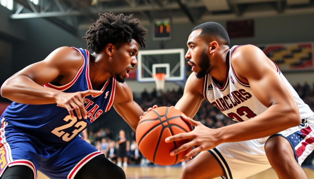 Confronto entre dois times tradicionais de basquete mostrando a rivalidade em quadra