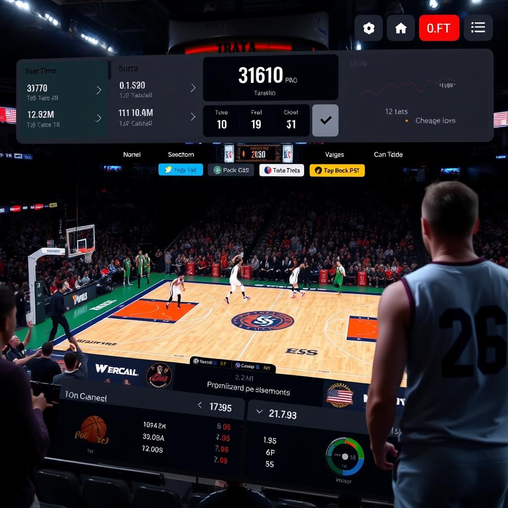 Interface de apostas ao vivo durante um jogo de basquete com estatísticas em tempo real
