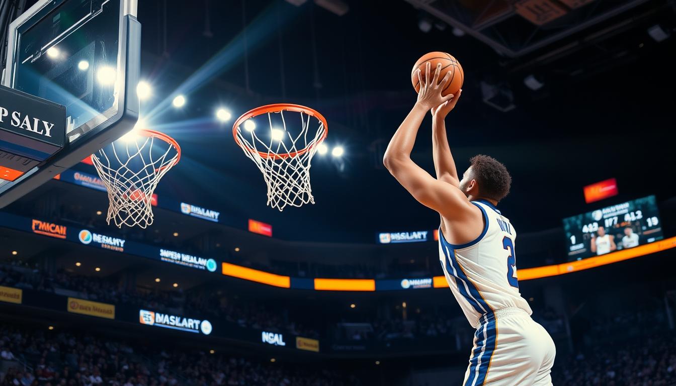 Jogador de basquete arremessando uma bola na cesta durante um jogo profissional