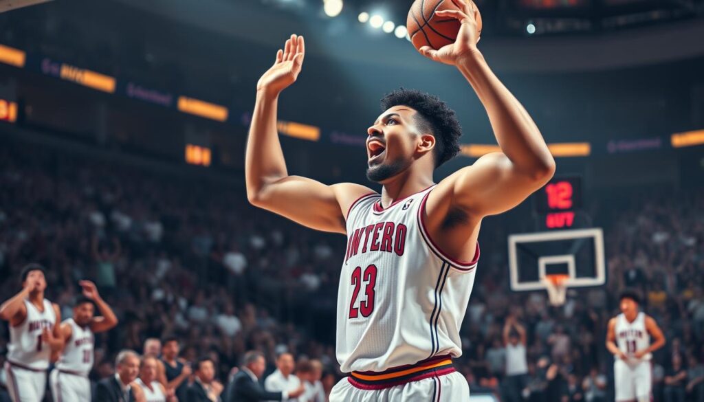 Jogador de basquete comemorando uma cesta decisiva em um jogo profissional