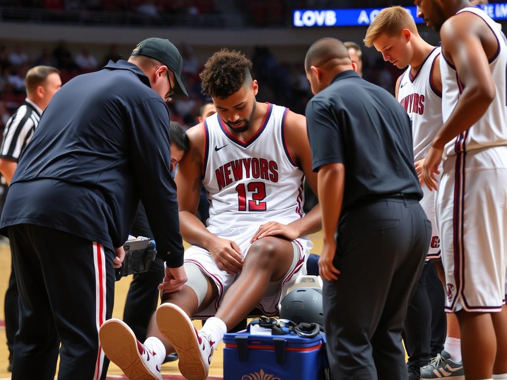 Jogador de basquete lesionado sendo atendido pela equipe médica durante um jogo