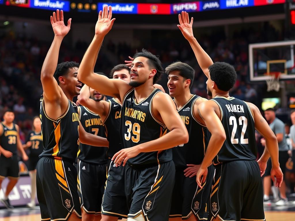 Jogadores de basquete comemorando uma vitória com grande margem de pontos