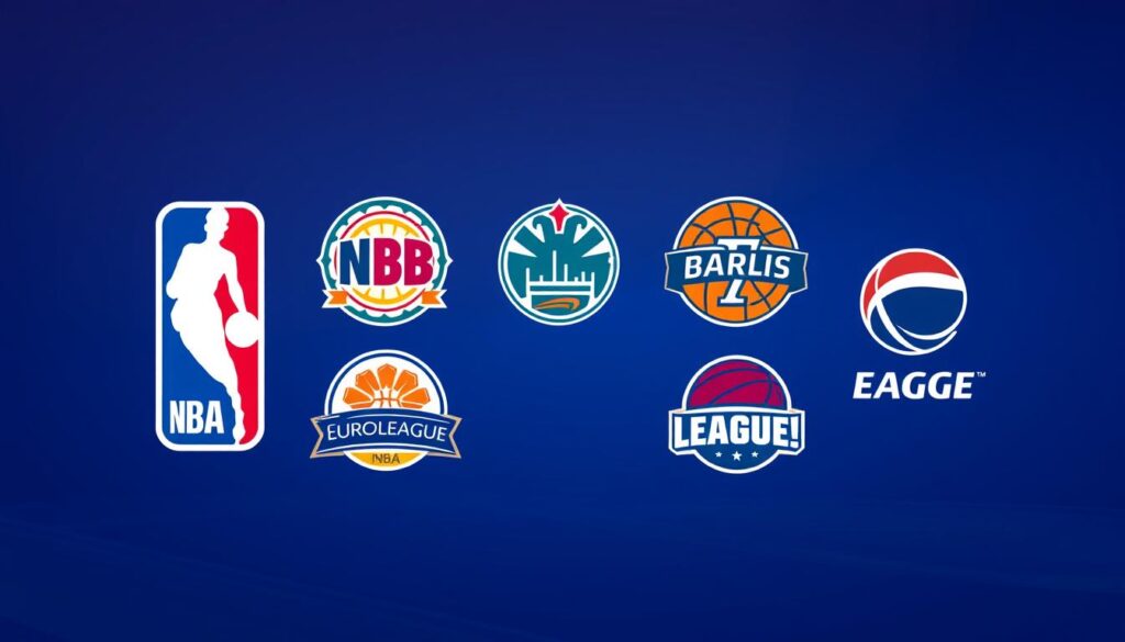 Logos de diferentes ligas de basquete incluindo NBA, NBB e Euroliga