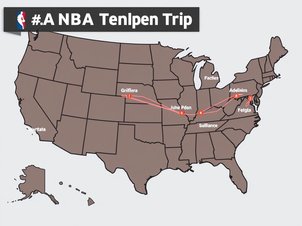 Mapa dos Estados Unidos mostrando a rota de viagem de um time da NBA durante uma road trip