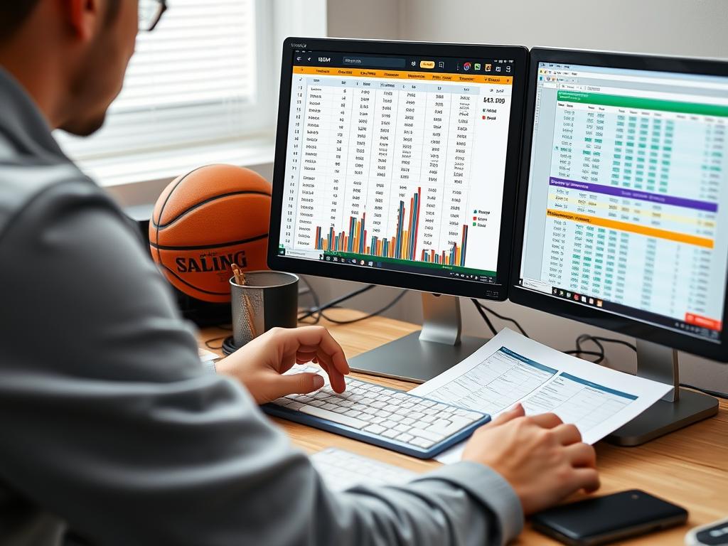 Pessoa analisando estatísticas de basquete e gerenciando sua banca de apostas em um computador