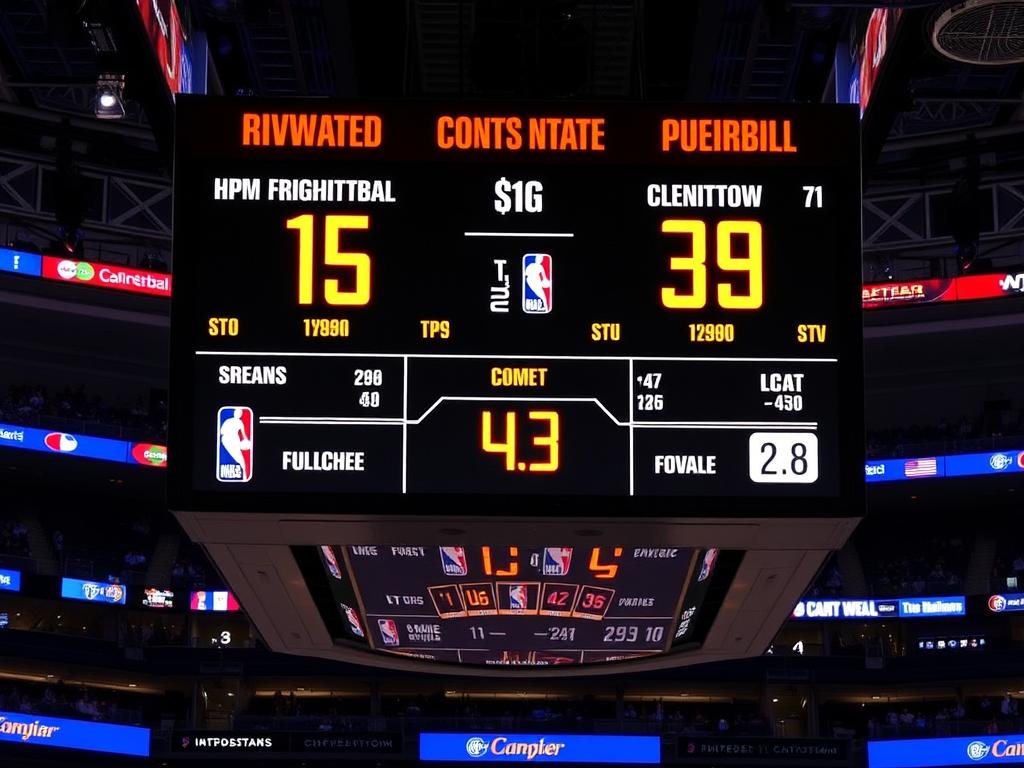 Placar eletrônico de basquete mostrando pontuação alta em um jogo da NBA