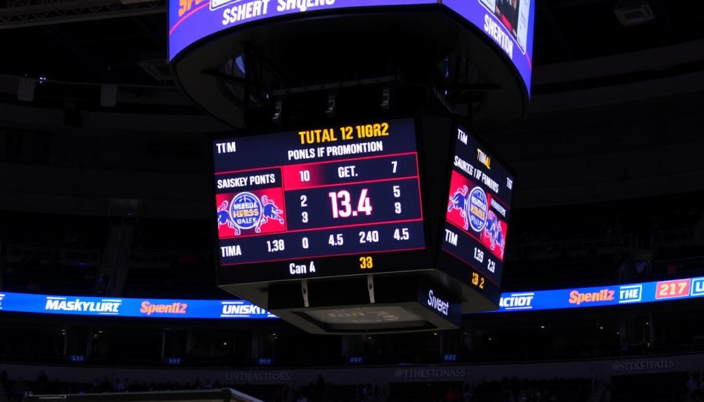 Placar eletrônico mostrando o total de pontos em um jogo de basquete